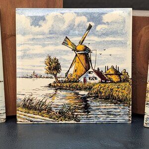 Delft Tiles 4.25 Inches Square Polychromatic Hand‎ Painted Holland w/Hangers (3)